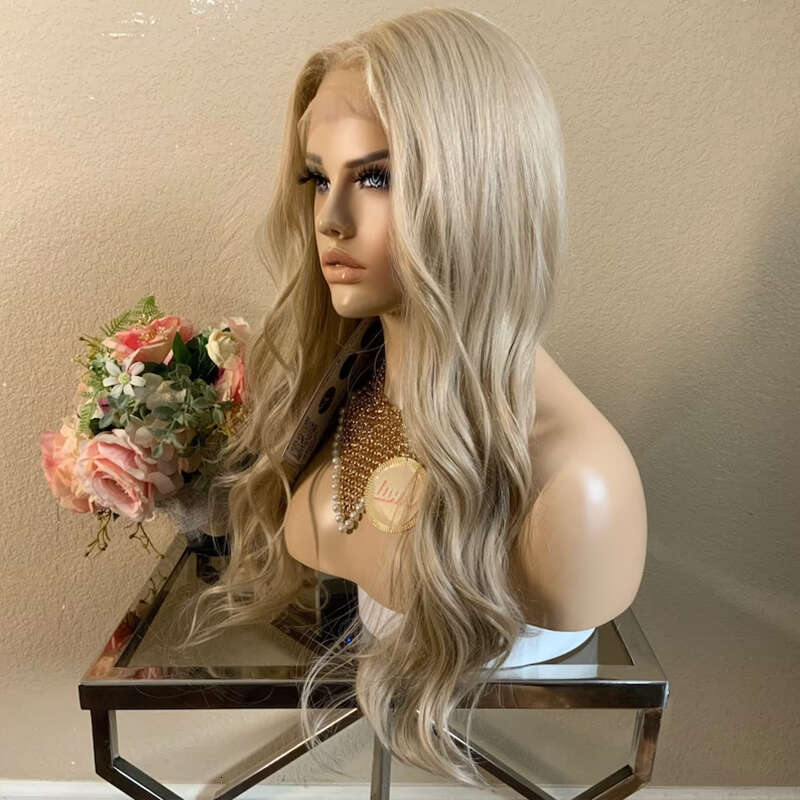 24'' Ash Platinum Blonde Lace Front Synthetic Heat Resistant Fiber Mixed 10% Human Hair Middle Part Cosplay Wig For Women