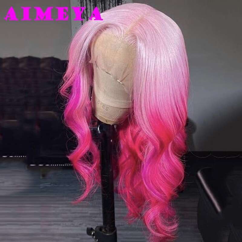 Ombre Pink Lace Front Fashion Synthetic Long Silky Straight Body Wave Rose Red Wig Halloween Cosplay Makeup