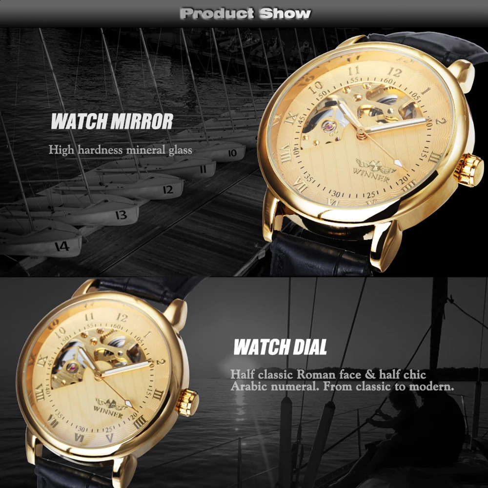 T-Winner Watch Gold Skeleton Watches Men Mechanical Hand Wind Wristwatches Reloj Hombre Relogio Masculino 240906
