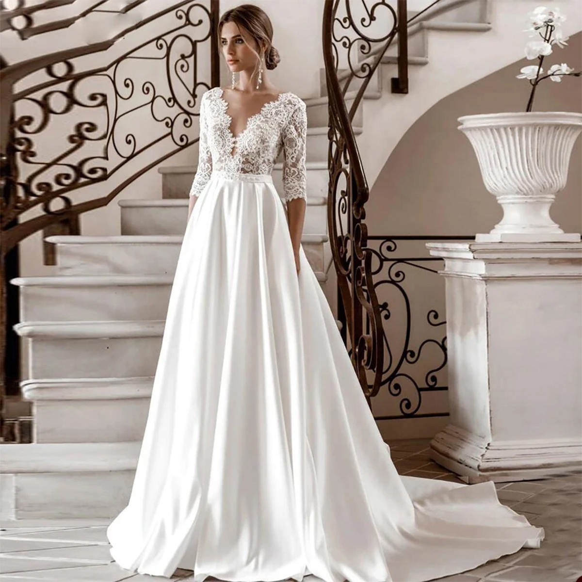 Simple Wedding Dresses Lace V Neck Bride Gown Backless Bridal Dress Custom Made Three-quarter Sleeve Sweep Train Vestidos De Novia