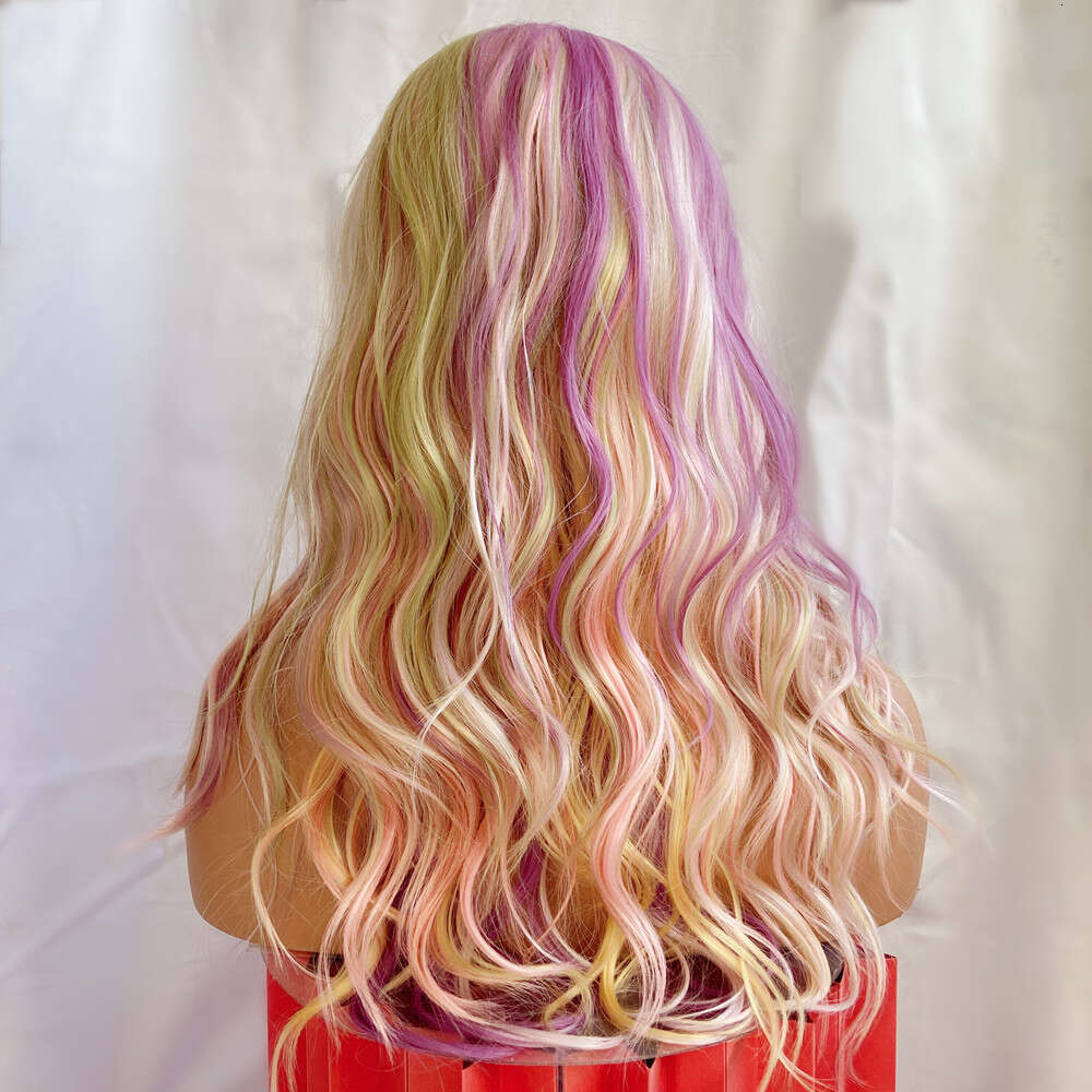 26" Rainbow Synthetic Purple Pink Blue Loose Wave 10% Human Hair 13X4 Lace Front Wig Heat Resistant Cosplay
