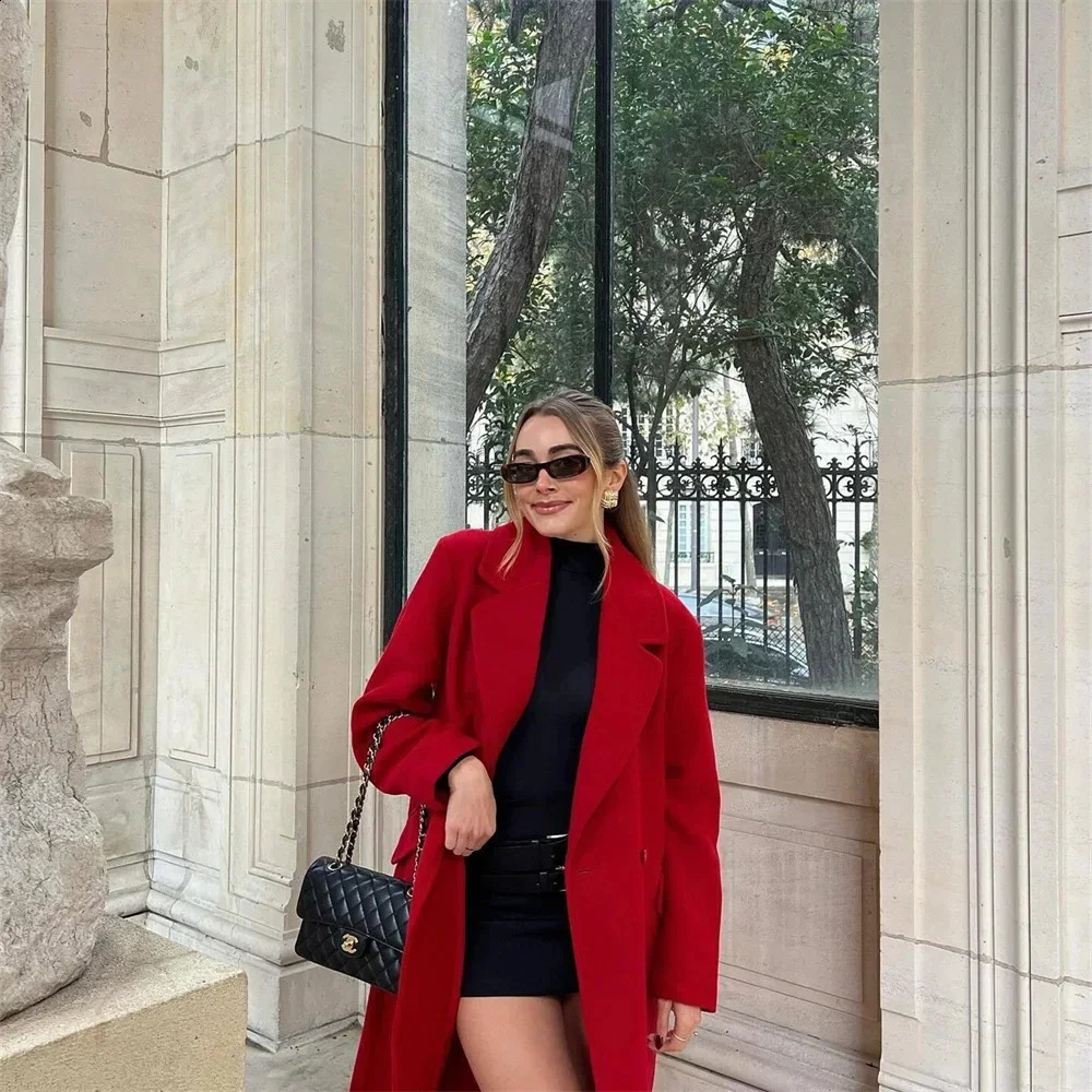2024 Winter Thickened Womens Fashion Blended Long Coat Button Retro sleeved Loose Wool Style 240905