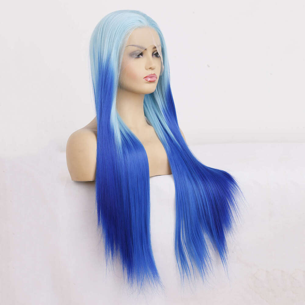 AIMEYA Ombre Lace Front Synthetic Long Silky Straight Blue Wig Body Wave Heat Resistant Halloween Cosplay Makeup