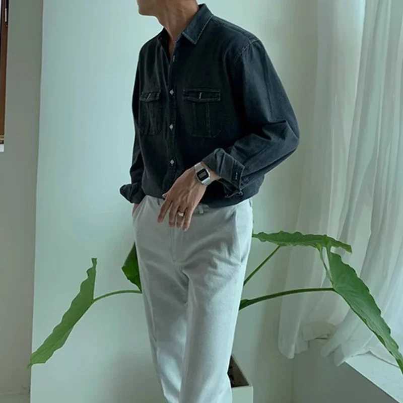 Streetwear Mens Denim Shirts Fashion Patchwork Pockets Long Sleeve Jean Shirt for Men Vintage Solid Color Button Denim Cardigans W250227
