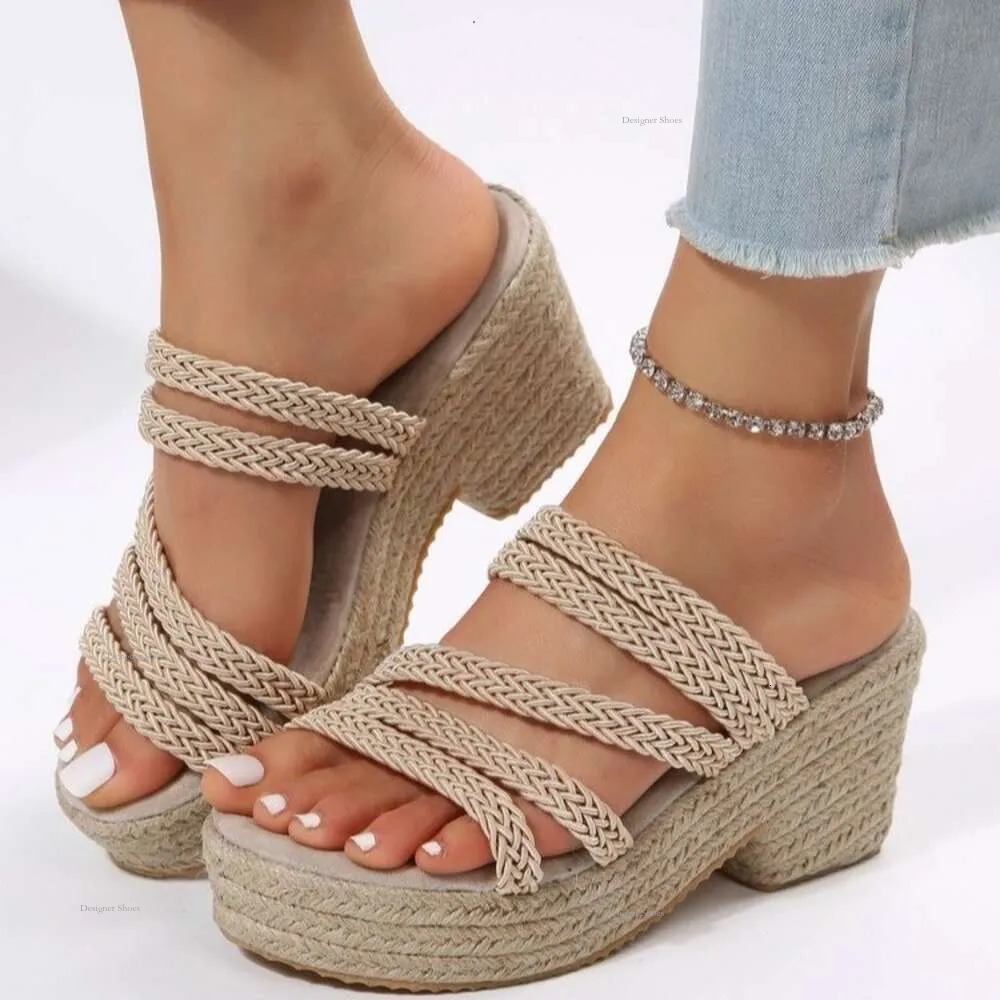 Size Summer Large Women's Linen Solid Color Woven Minimalist Ins Style Sandals, Slope Heel Sandals