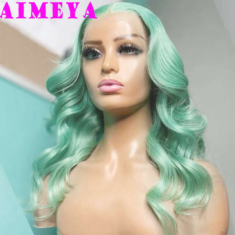 AIMEYA Mint Green 16Inches Body Wave Shoulder Length Natural Haire Lace Front Wig Daily Use Synthetic Hair