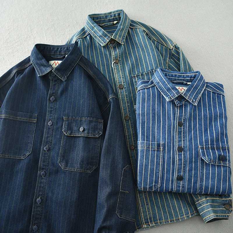 Japanese retro washed vertical striped denim shirt mens loose plus size cotton long sleeved jacket W240914