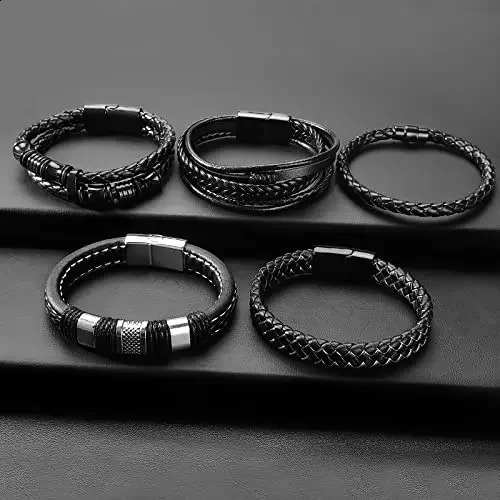 5 black leather bracelets mens womens mens bracelets leather steel woven cuff bracelet set 240914