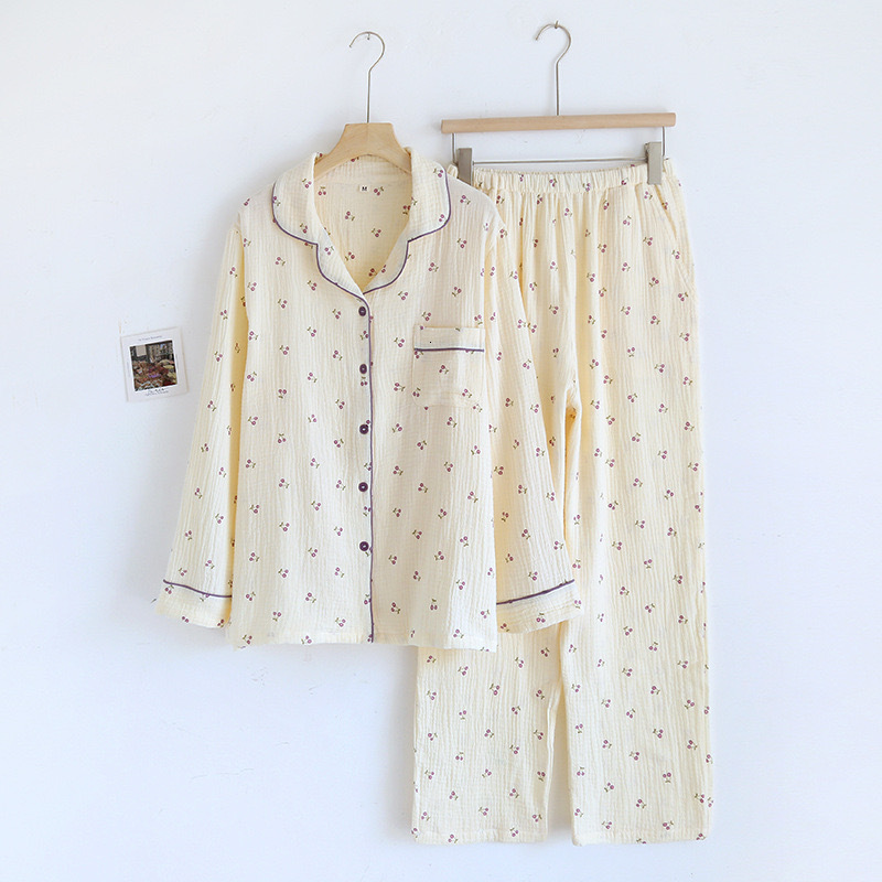 2023 100% Cotton Women's Pama Autumn Spring Long Sleeve Soft Sleepwear Cherry Print Pyjama Woman Home Nightwear Set Cardigan