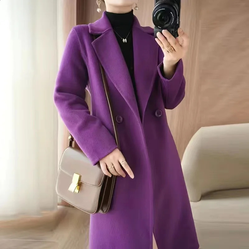 2024 Autumn 100 Double Sided Cashmere Coat Womens Winter Slim Temperament Wool Coats Solid Casual Female Long Overcoat 240905