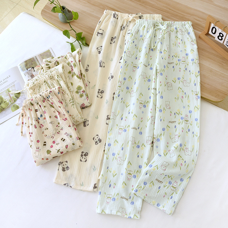 2024 Spring Pamas 100% Cotton Crepe Summer Women's Comfortable Loose Home Pants Thin Bottoms With Pockets
