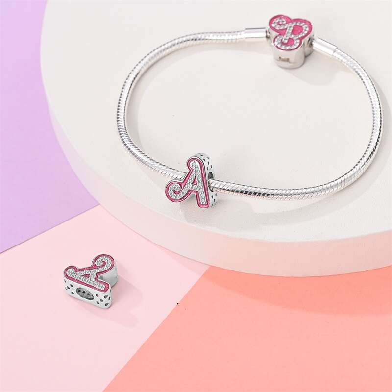 New 925 Sterling Silver 26 Pink Princess Shiny Letter Charms Beads Fit Original Bracelets DIY Birthday Jewelry