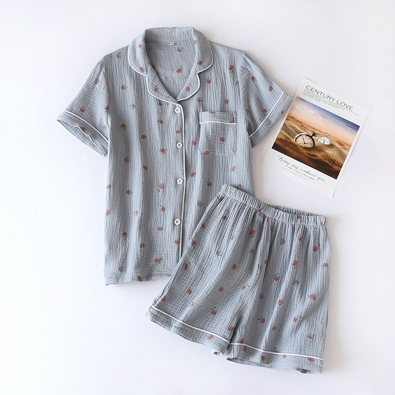100% Cotton Gauze Summer 2-Piece Set Short-Sleeved Peach Print Homewear Ladies Pamas Women Sleepwear