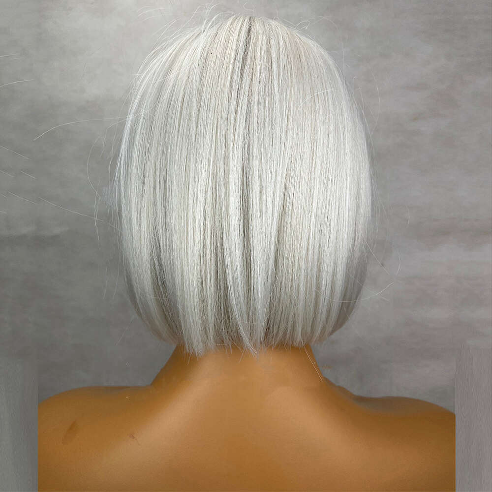 Short White Platinum Blonde Bob Wig 12 Inch Straight Center Parting 150 Density Synthetic Lace Front Human Hair Blends Gift Wigs