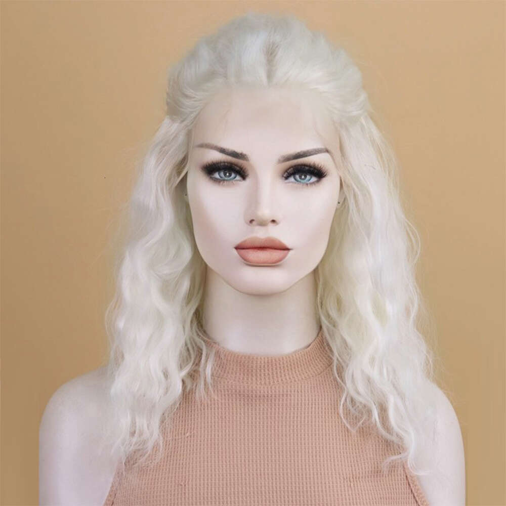 White Blonde Shoulder Length Warmth Beach Wavy Synthetic Lace Front Wig Heat Resistant Soft Fibers Natural Haire Free Part