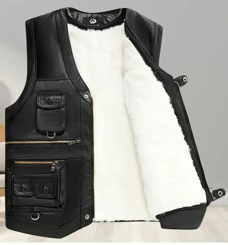 mens FAUX PU leather jacket loose top classic black sleeveless motorcycle jacket size mens business casual vest D16 240913