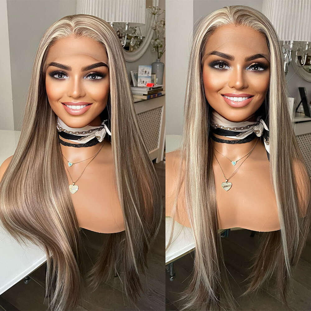 Bronze Brown Wig With Blonde Highlights Heat Resistant Synthetic Long Silky Straight Lace Front Beginner Friendly Wigs