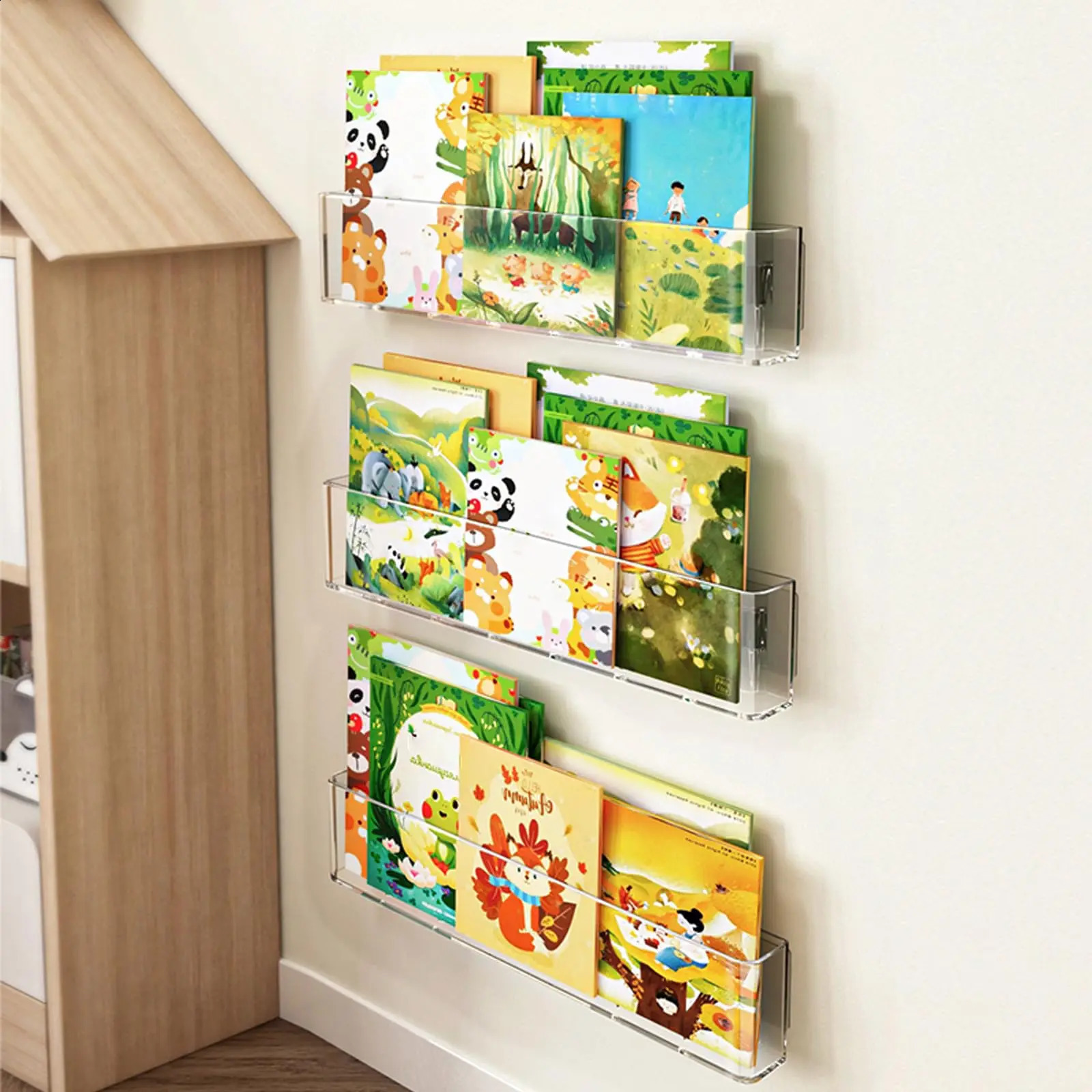 Kids Bookshelf Wall Mounted Clear Floating Bookshelf Book Display Vinyl Display Record HolderMagazine RackPicture Ledge Shelf 240907