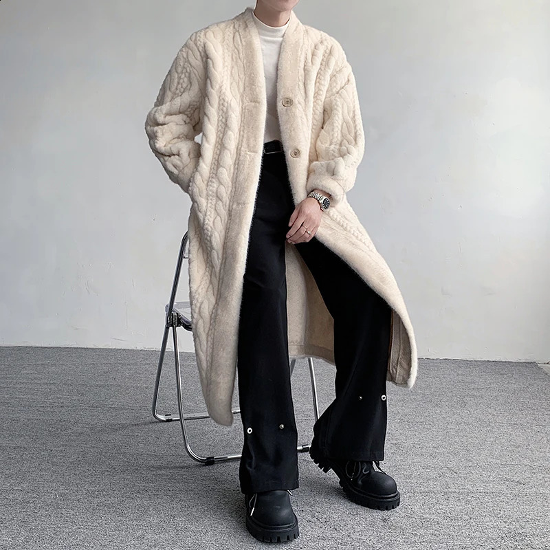 IEFB Fashion Mens Long Fur Coat Threedimensional Fried Dough Twists Bathrobe Style Mink Suede Autumn Outwear 9C3602 240905