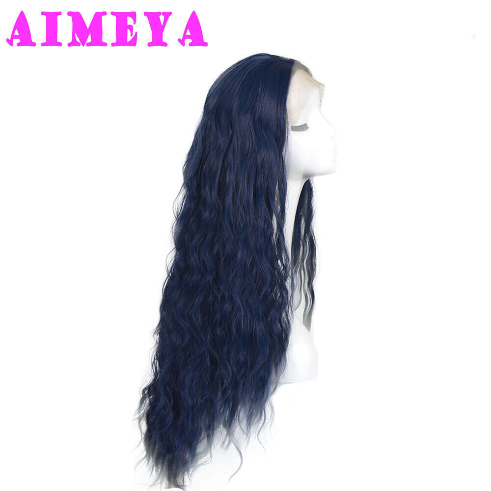 AIMEYA Dark Blue Loose Curly Long Synthetic Lace Front Wigs Natural Wave Hair Daily Use Cosplay Wig Heat Resistant