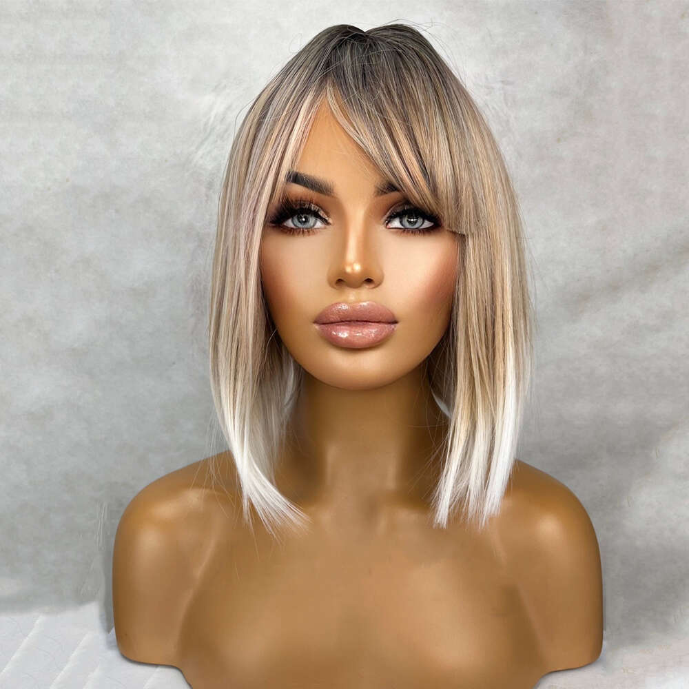 Short Ash Blonde Synthetic White Balayage Highlights Bob 12 Inch Straight Center Parting 150% Density Bangs Wig