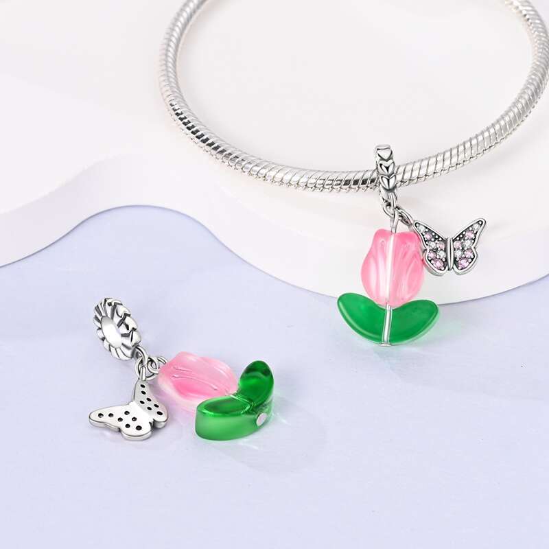 Fit Original Bracelets 925 Sterling Silver Butterfly Lavender Sunflower Cone Tulip Plant Charms Beads DIY Jewelry