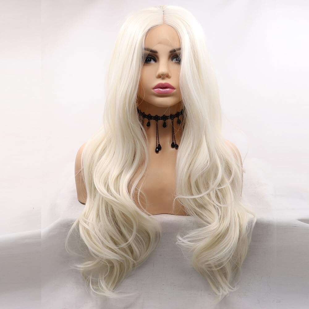 Platinum Blonde Synthetic Lace Front Heat Resistant Fiber White Wavy Natural Looking Fashion Wigs Cosplay Daily Wear 28"