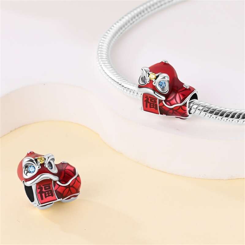 925 Sterling Silver Lucky Cat Chinese Knot Lion Dance New Year Charms Beads Fit Original Bracelets DIY Jewelry