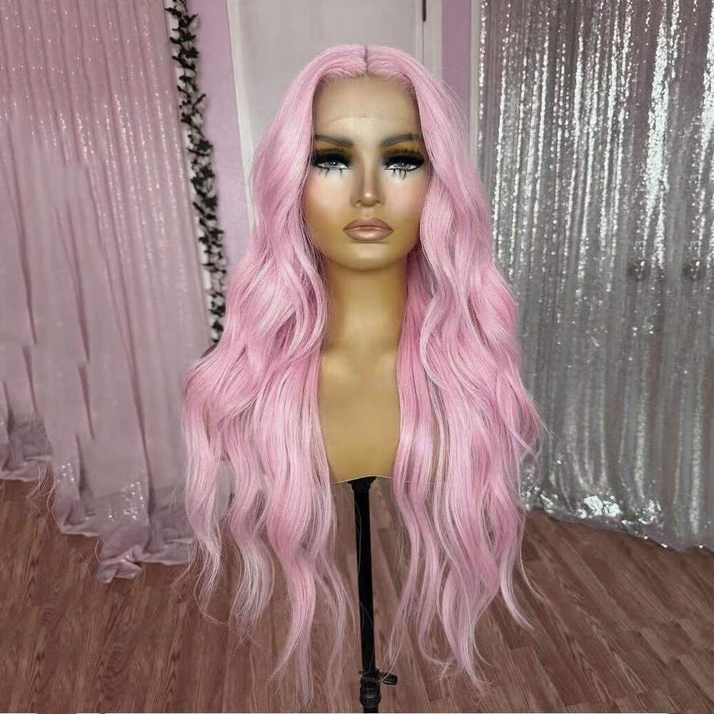 AIMEYA Long Wave Lace Front Wig Heat Resistant Synthetic Hair Daily Use Pink Wigs Natural Haire