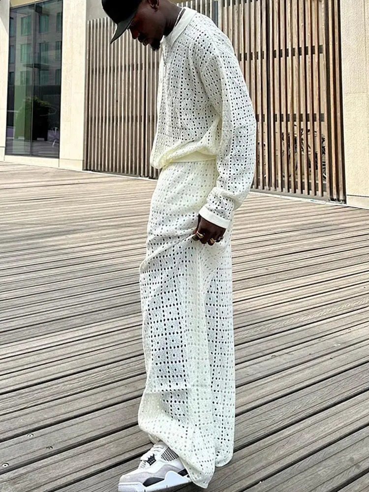 Fashion Solid Crochet Hollow Out Mens Pants 2 Piece Set Casual Lace Lapel Shirt With Wide Leg Trousers Suits Autumn Outfits 240909