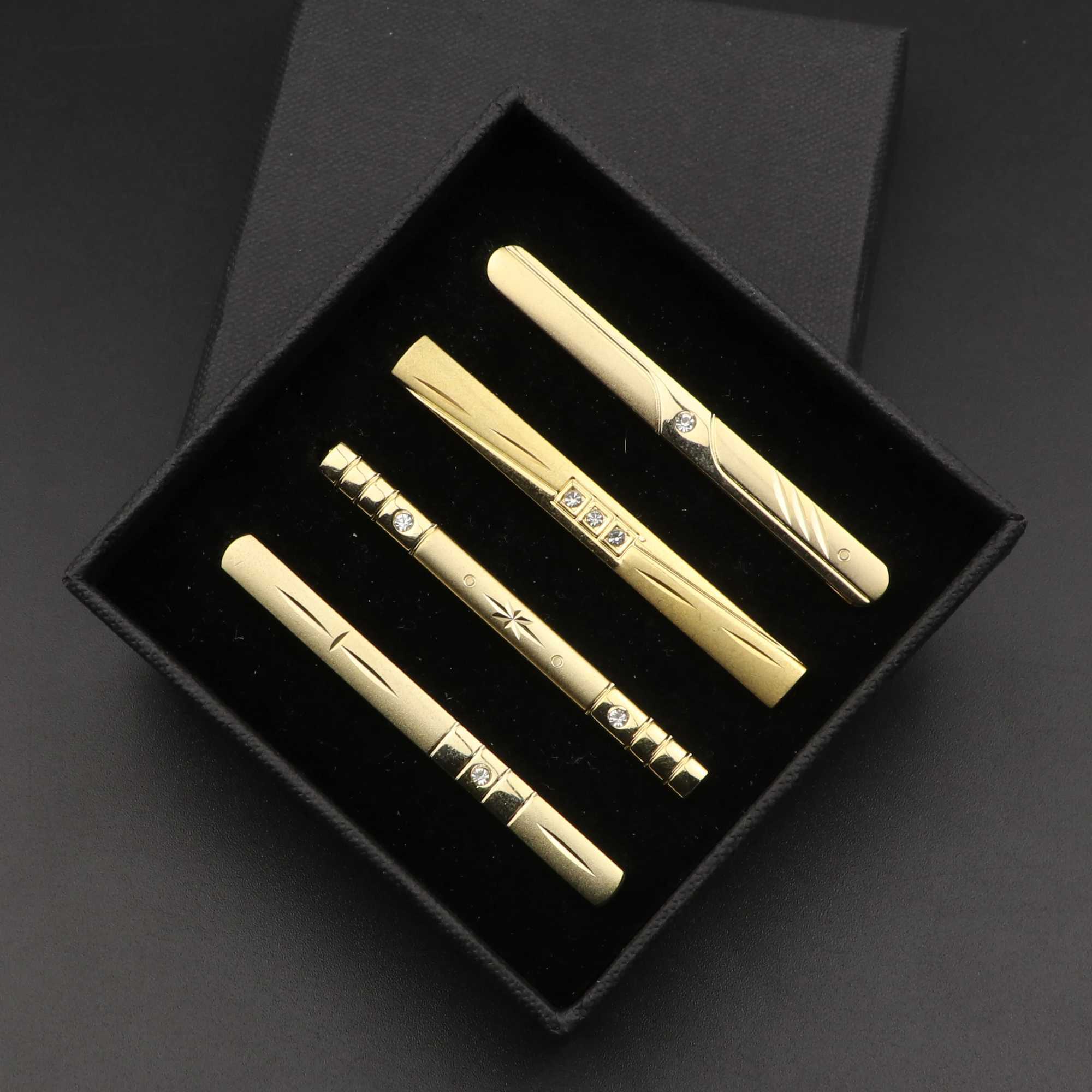 4 mens metal tie clips with gift box bright gold chrome plated stainless steel jewelry necklace clip W240914