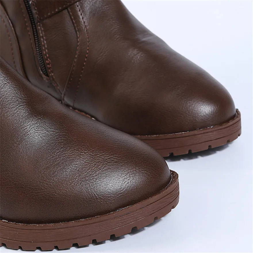 soft leather womens riding fashionable double zipper short and chubby high heels brown round toe casual buckle boots for women 241030