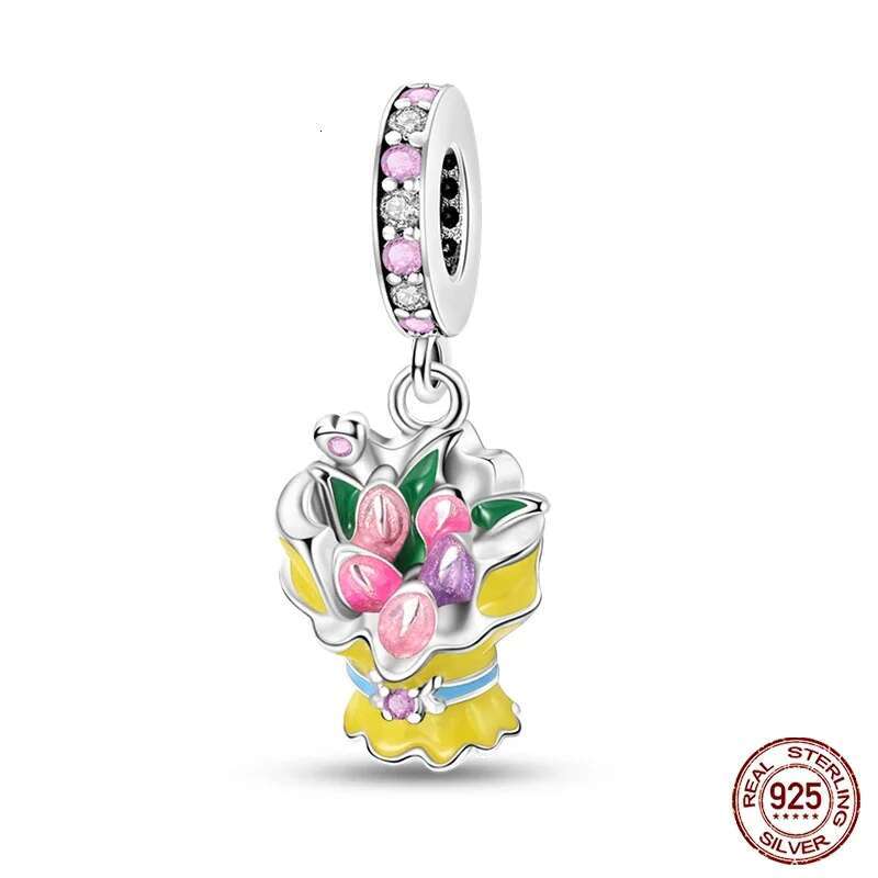 925 Sterling Silver Lovely Pink Color Charms LOVE bird wer Dangle Pendants Fit Original Bracelet DIY Jewelry making
