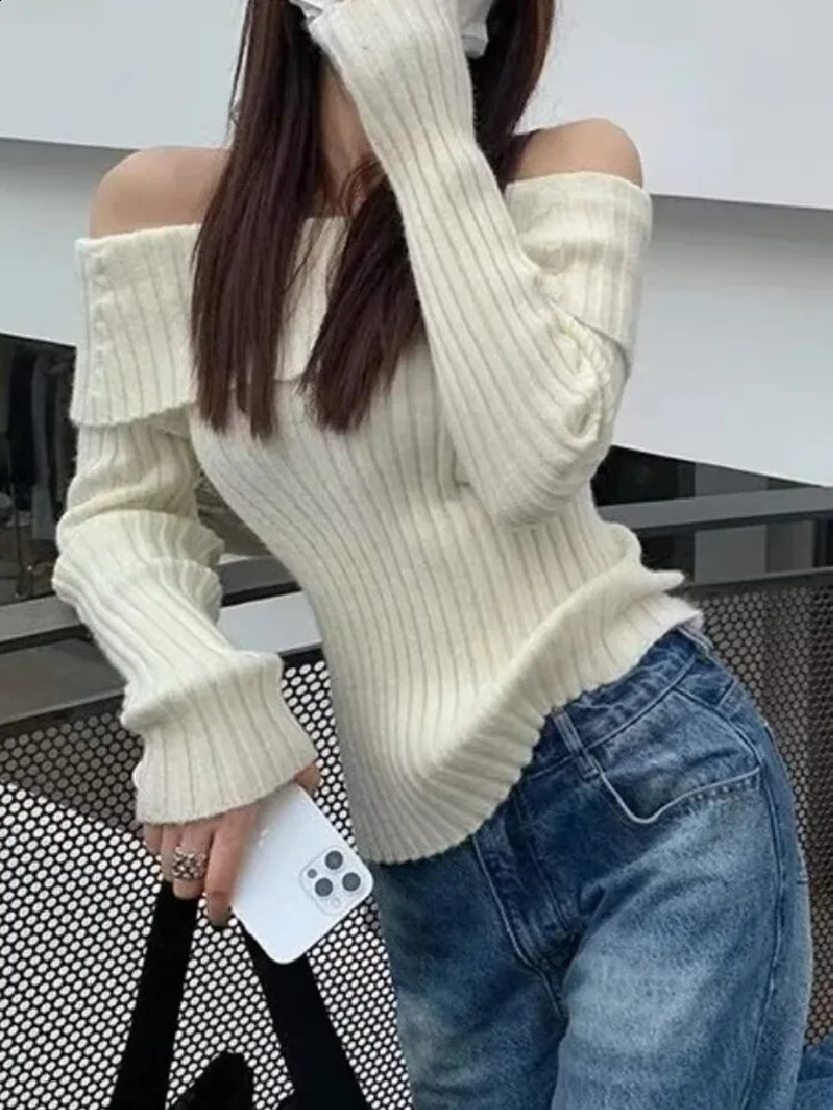 Autumn Winter Solid Color Rib Knitted Off the Shoulder Pullover Sweater Sexy Women Full Sleeve Slim Stretch Knitwear Jumper 240911