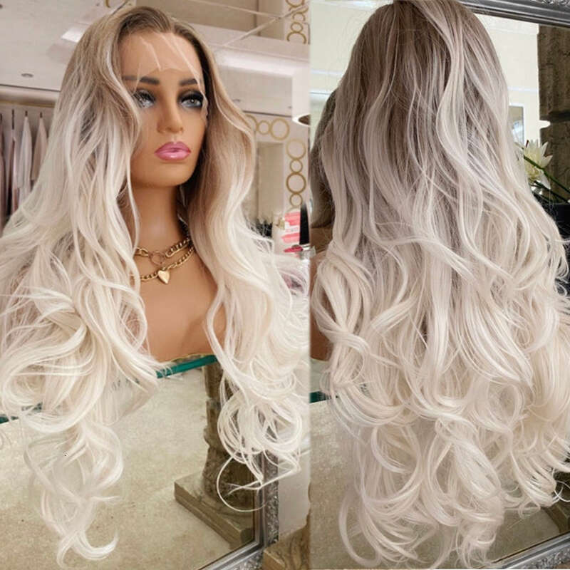Heat Resistant Human Synthetic Mix Wig Ombre Platinum Front Wig Dark Brown Roots Transparent Swiss Lace Daily/Party Wearing