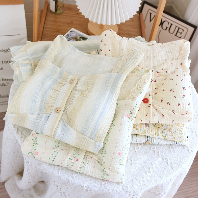 2024 Summer Women's Pamas Suit 100% Cotton Lady Pamas With Chest Pads Sleepwear 2-Piece Simple Thin Home Clothes
