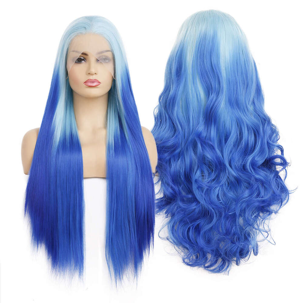AIMEYA Ombre Lace Front Synthetic Long Silky Straight Blue Wig Body Wave Heat Resistant Halloween Cosplay Makeup