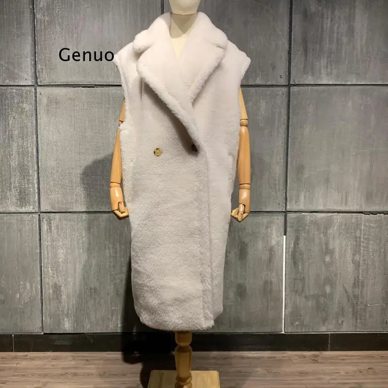 Teddy Gilet Winter Womens Teddy Bear Long Jacket Lapel Faux Wool Outerwear Female Sheep Fur Vest Gilets Coat 240911