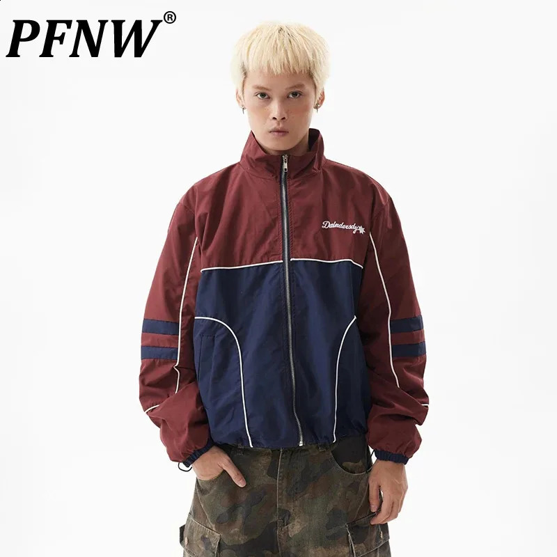 PFNW American Contrast Color Striped Jacket Mens Lazy Sports Style Outdoor Stand Collar Zipper Trend Tops Autumn 28W4761 240905