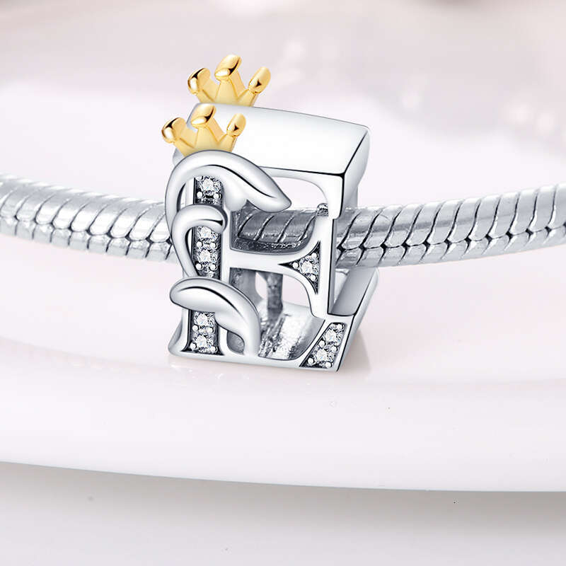 925 Sterling Silver 26 Letters Golden Crown Zircon Charms Beads Fit Original Bracelets Fashion DIY Birthday Jewelry