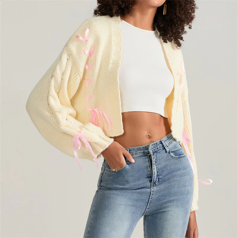Chic Knitwear Cardigan Vintage Ribbon Bow Tie Up Knitted Sweater Women Y2k Aesthetic Harajuku Long Sleeve Outwear Autumn Winter 240904