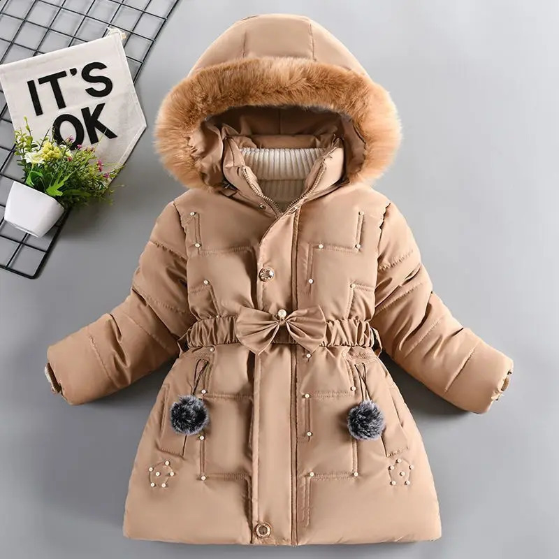 Thick warm winter girls jacket detachable hat plush collar apron childrens birthday gift 240903bj