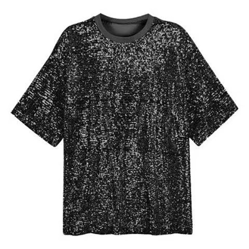 Korean version of spring and summer long bf wind loose half sleeve sequins thick designer T-shirt shirt shiny loose dress.