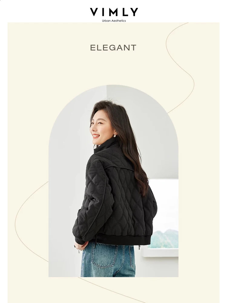 Vimly Cropped Argyle Quilted Jacket for Women Casual Straight Wide Loose Collar Zipper Thick Warm Winter Coat for Women M3613 240913