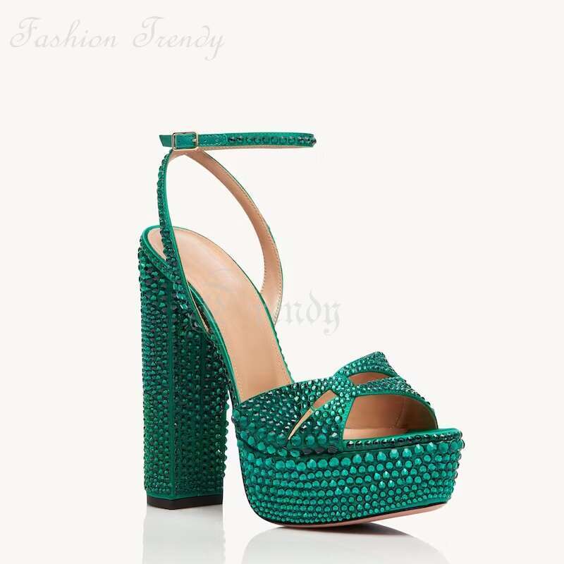 Skin Tone Crystal Chunky Heels Women Open Sandal Green Suede Sier Sequined Pump Square Light Buckle Elegant Wedding Shoe