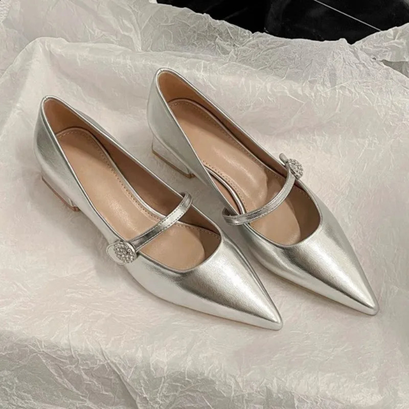 2025 new Pointed Toe Women Spring Sier Mary Jane Low Heel Dress Shoes Simple Versatile Womens Pumps 240904