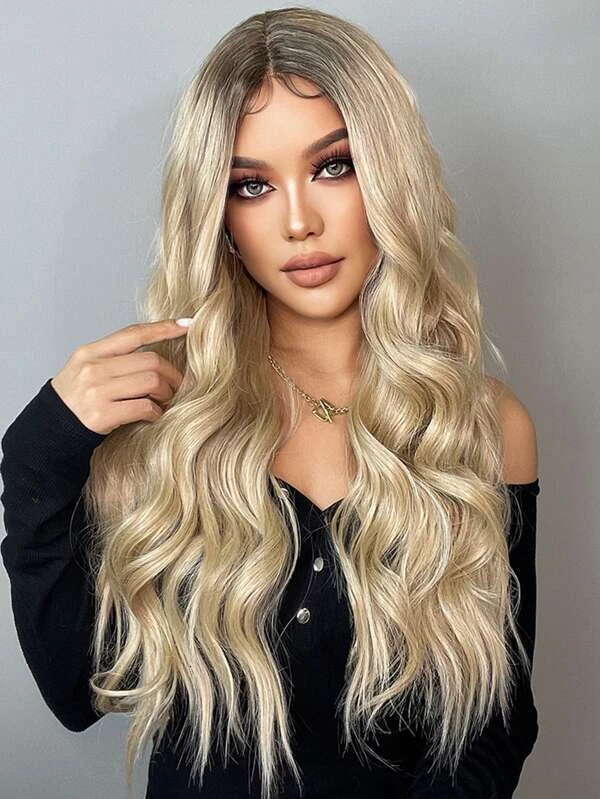 Lace Front Synthetic Long Wavy Wig Ombre Light Blonde Wigs For Women Daily Hair Heat Resistant 28" 180% Density