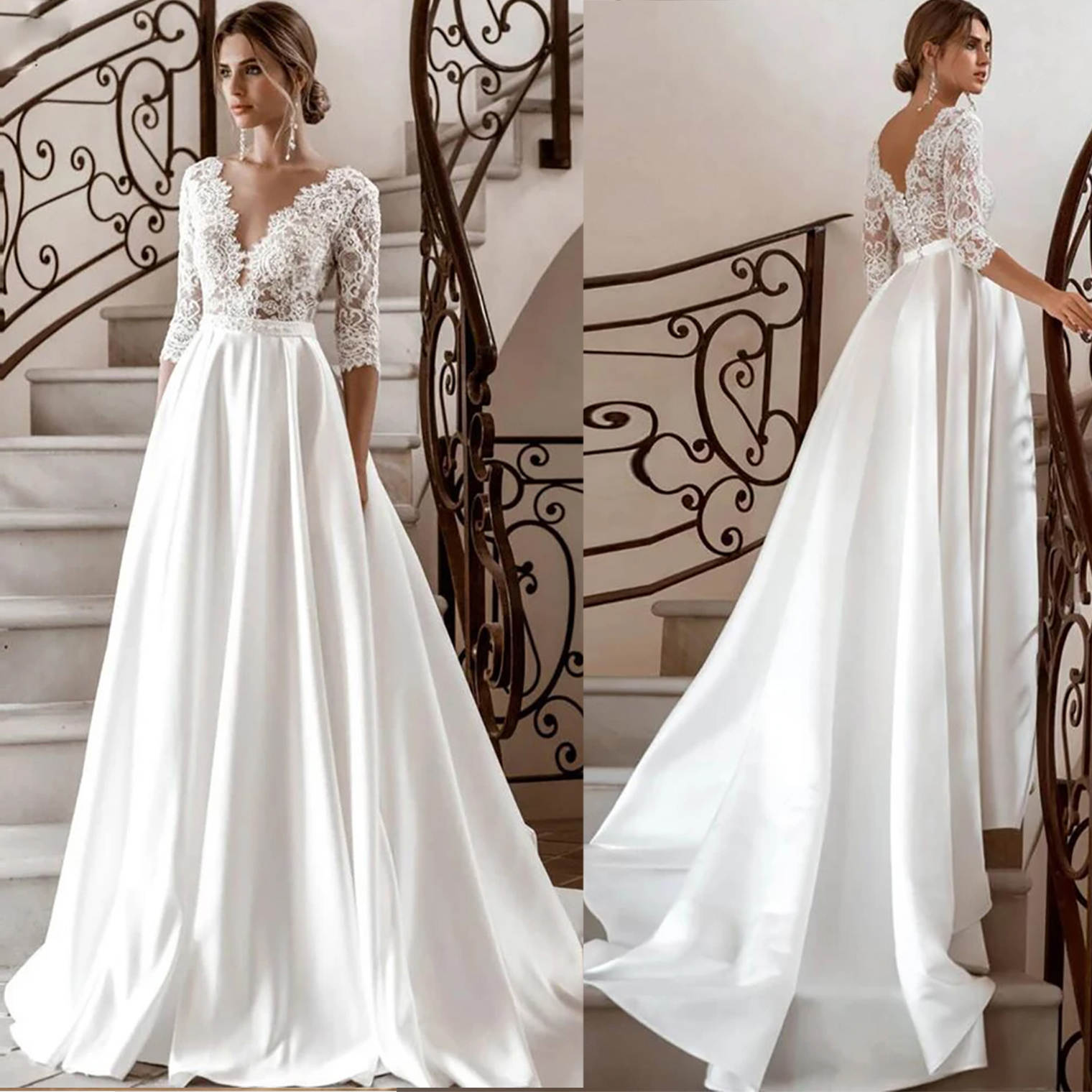 Simple Wedding Dresses Lace V Neck Bride Gown Backless Bridal Dress Custom Made Three-quarter Sleeve Sweep Train Vestidos De Novia