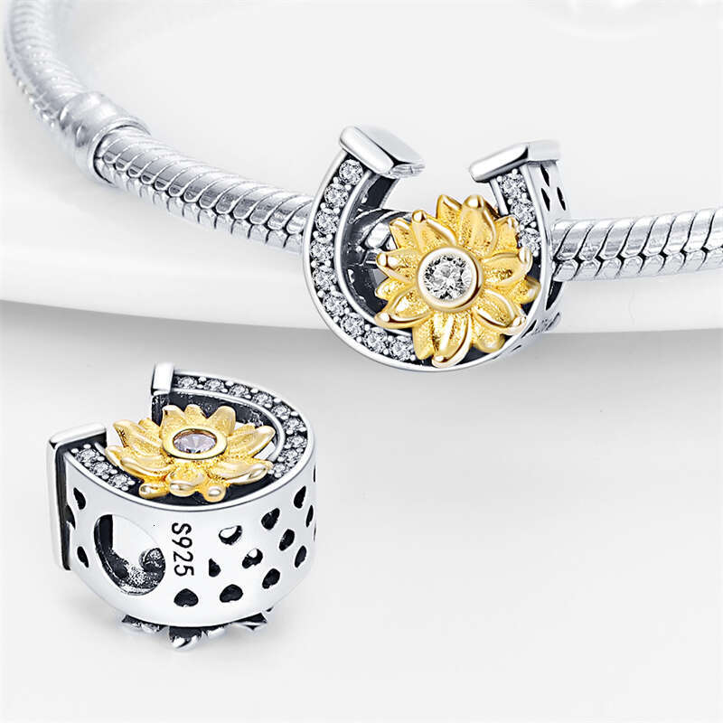 925 New Sterling Silver Fashion Golden Suowers Heart Charms Beads Fit Original Bracelets Party DIY Jewelry