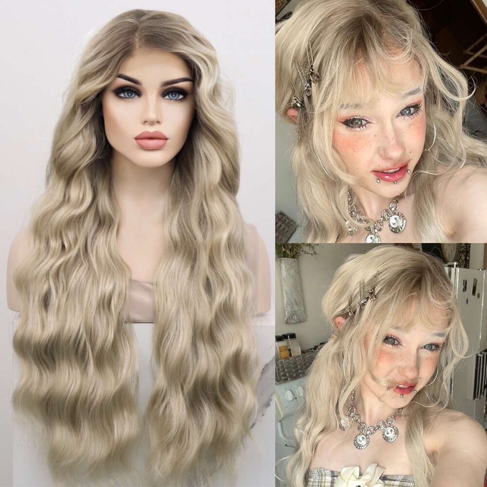 High-Quality Heat-Friendly Fiber Ombre Blonde Long Wavy Synthetic Lace Front Wig Dark Roots Human Hair Wigs Girl Lady Party Use